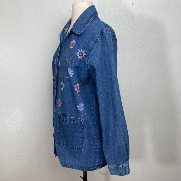Vtg Agapo Chore Jacket Blouse Top Large Petite Denim Floral Embroidery Country - Picture 6 of 11
